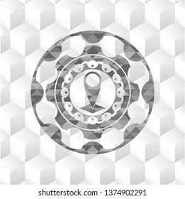 map pointer icon inside retro style grey emblem with geometric cube white background