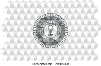 map pointer icon inside retro style grey emblem with geometric cube white background