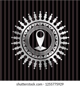 map pointer icon inside silvery badge or emblem
