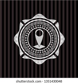 map pointer icon inside silvery emblem or badge