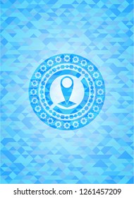 map pointer icon inside sky blue emblem with mosaic background