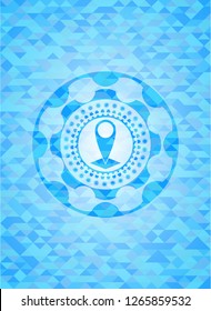 map pointer icon inside sky blue mosaic emblem