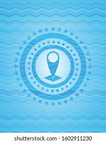 map pointer icon inside sky blue water badge.