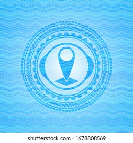 map pointer icon inside sky blue water style emblem.