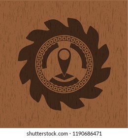 map pointer icon inside vintage wood emblem