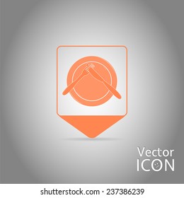 Map pointer -icon knife, plates and forks. Cafe restaurant. Flat design style. Made vector illustrator