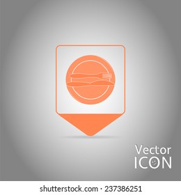Map pointer -icon knife, plates and forks. Cafe restaurant. Flat design style. Made vector illustrator