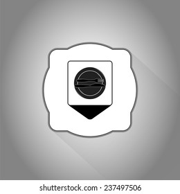 Map pointer -icon knife, plates and forks. Cafe restaurant. Flat design style. Made vector illustrator