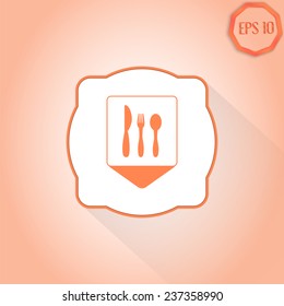 Map pointer - icon knife, spoon and fork. Cafe restaurant. Flat design style. Made vector illustrator