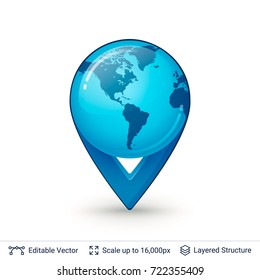 Map pointer icon. Location pin with earth globe symbol. Vector icon easy to use.