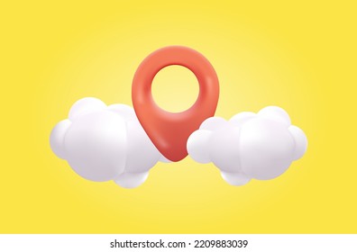 Icono del puntero del mapa. Símbolos de ubicación con nube. Ilustraciones de vectores Web 3D.