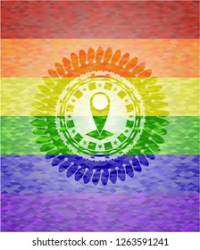 map pointer icon on mosaic background with the colors of the LGBT flag