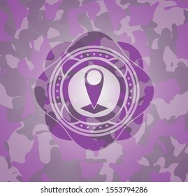 map pointer icon on pink and purple camouflage pattern