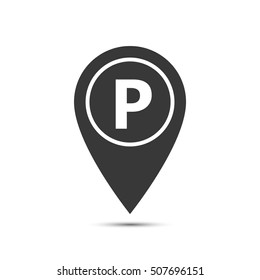 Map pointer icon with parking symbol, vector isolated illustration.  