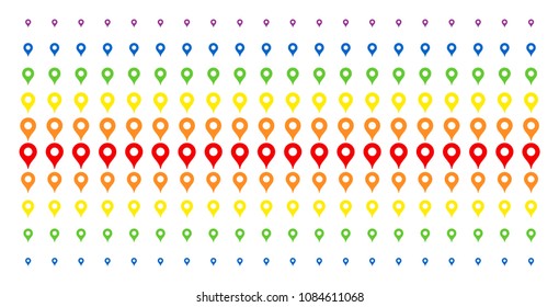 Map Pointer icon rainbow colored halftone pattern. Vector items organized into halftone array with vertical rainbow colors gradient. Constructed for backgrounds, covers,