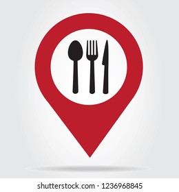 Map pointer icon, restaurant vector isolated on gray background. Map pointer icon in flat style. Template for app, label, logo, menu and web site. Creative art concept, vector illustration