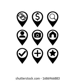 Map pointer icon set: pharmacy, store, currency exchange or geo pin, location in black or geolocation, gps, on isolated white background. EPS 10 vector.