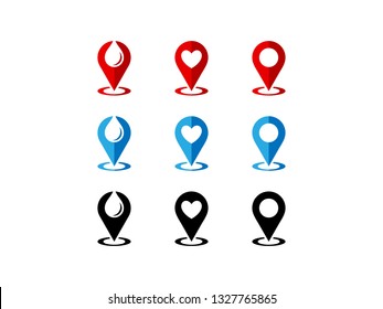 Map Pointer Icon Set. Pin Hole, Pin Blood, Pin Heart Or Love