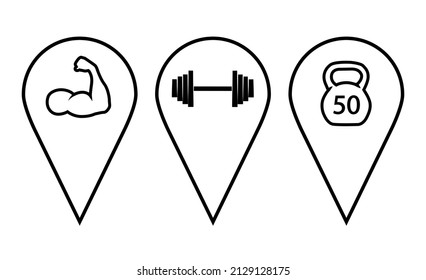 Map pointer icon set. Map pin icons. Location pin icon collection. Marker for maps. Navigation symbols. Destination signs of gym, healthy lifestyle, kettlebell, dumbbell. Vector illustration.