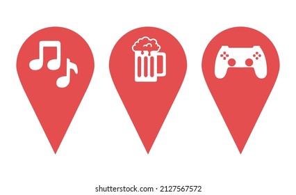 Map pointer icon set. Pins with different pointers. Entertainment, pub, pub, game center, dancing, karaoke, music. Design elements for games, banner, poster