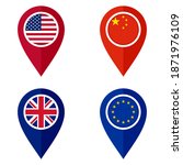 map pointer icon set. united states, china, united kingdom and europe flags isolated on white background