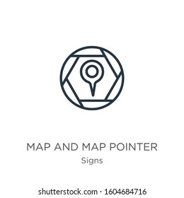 Map and map pointer icon. Thin linear map and map pointer outline icon isolated on white background from signs collection. Line vector sign, symbol for web and mobile