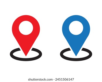 Map pointer icon vector illustration. GPS, location, red pointer, blue pointer icon, point of location. Can use for infographic, banner, poster, web design. Isolated on white background. 
