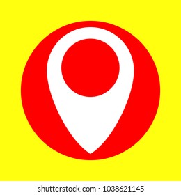 Map pointer icon. Vector. White flat icon inside red circle at yellow background. Isolated.