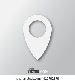 Map pointer icon in white style with shadow isolated on grey background. For your design, logo. Vector illustration.