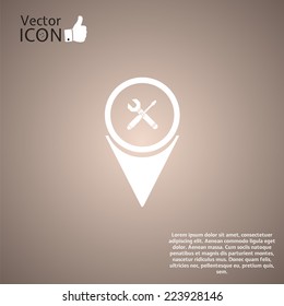 Map pointer icon with wrench and screwdriver