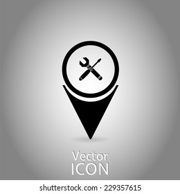 Map pointer icon with wrench and screwdriver. Flat design style