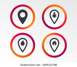 Map pointer icons. Home, food and user location symbols. Restaurant and cupcake signs. You are here. Infographic design buttons. Circle templates. Vector