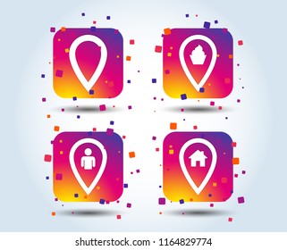 Map pointer icons. Home, food and user location symbols. Restaurant and cupcake signs. You are here. Colour gradient square buttons. Flat design concept. Vector