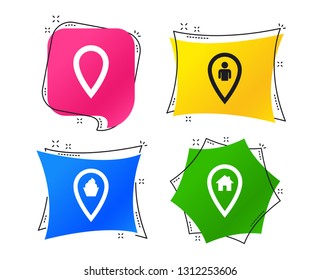 Map pointer icons. Home, food and user location symbols. Restaurant and cupcake signs. You are here. Geometric colorful tags. Banners with flat icons. Trendy design. Vector