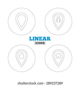 Map pointer icons. Home, food and user location symbols. Restaurant and cupcake signs. You are here. Linear outline web icons. Vector