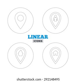 Map pointer icons. Home, food and user location symbols. Restaurant and cupcake signs. You are here. Linear outline web icons. Vector