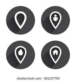 Map pointer icons. Home, food and user location symbols. Restaurant and cupcake signs. You are here. Circles buttons with long flat shadow. Vector