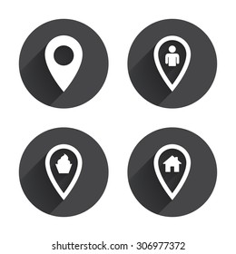 Map pointer icons. Home, food and user location symbols. Restaurant and cupcake signs. You are here. Circles buttons with long flat shadow. Vector