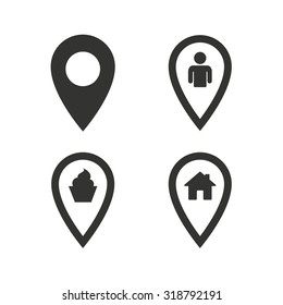 Map pointer icons. Home, food and user location symbols. Restaurant and cupcake signs. You are here. Flat icons on white. Vector