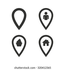 Map pointer icons. Home, food and user location symbols. Restaurant and cupcake signs. You are here. Flat icons on white. Vector