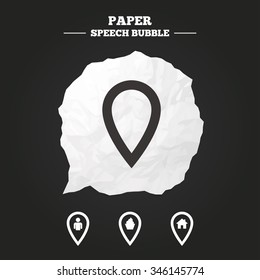 Map pointer icons. Home, food and user location symbols. Restaurant and cupcake signs. You are here. Paper speech bubble with icon.