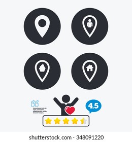 Map pointer icons. Home, food and user location symbols. Restaurant and cupcake signs. You are here. Star vote ranking. Client like and think bubble. Quotes with message.