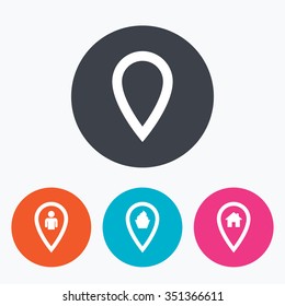 Map pointer icons. Home, food and user location symbols. Restaurant and cupcake signs. You are here. Circle flat buttons with icon.