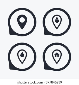 Map pointer icons. Home, food and user location symbols. Restaurant and cupcake signs. You are here. Flat icon pointers.