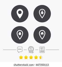 Map pointer icons. Home, food and user location symbols. Restaurant and cupcake signs. You are here. Chat, award medal and report linear icons. Star vote ranking. Vector