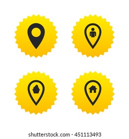 Map pointer icons. Home, food and user location symbols. Restaurant and cupcake signs. You are here. Yellow stars labels with flat icons. Vector