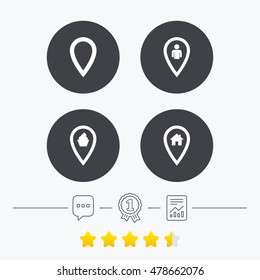 Map pointer icons. Home, food and user location symbols. Restaurant and cupcake signs. You are here. Chat, award medal and report linear icons. Star vote ranking. Vector