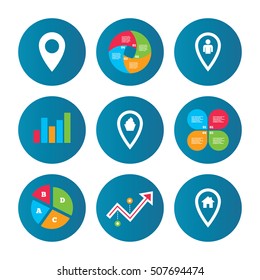 Map pointer icons. Home, food and user location.