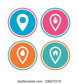 Map pointer icons. Home, food and user location symbols. Restaurant and cupcake signs. You are here. Colored circle buttons. Vector