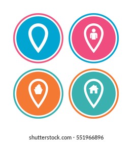 Map pointer icons. Home, food and user location symbols. Restaurant and cupcake signs. You are here. Colored circle buttons. Vector